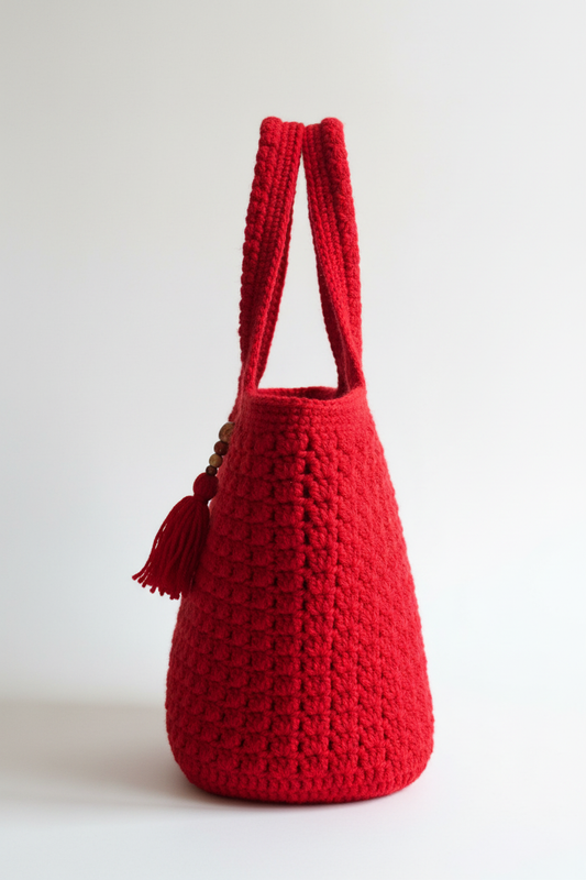 Sac cabas au crochet fait main – Rouge & Pompon