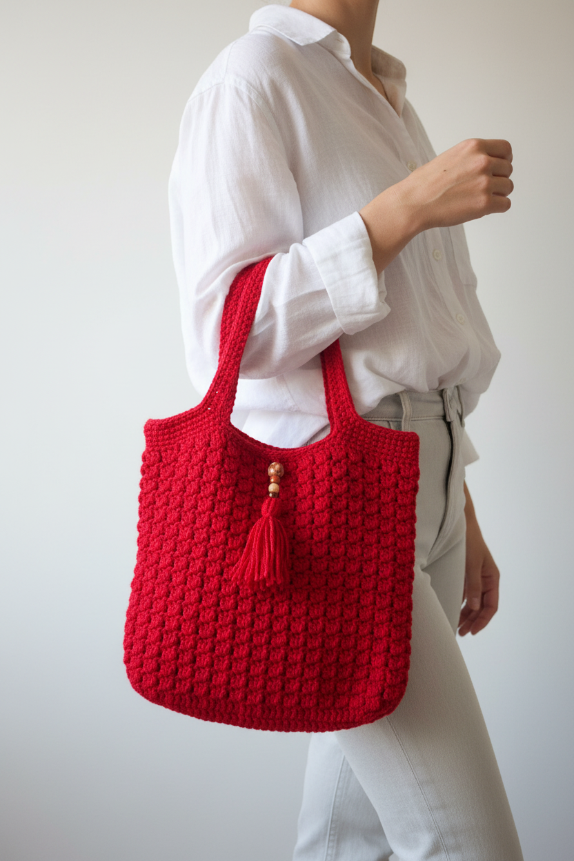 Sac cabas au crochet fait main – Rouge & Pompon