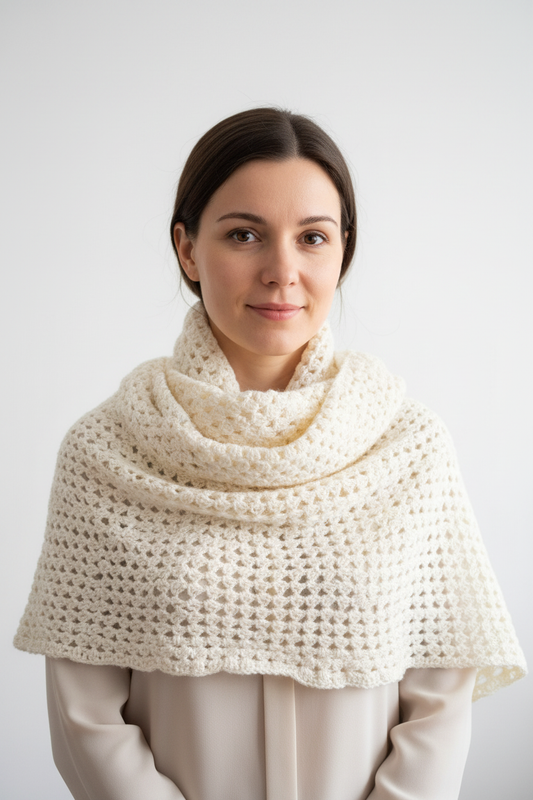 Châle au crochet fait main – Blanc crème légèrement pailleté