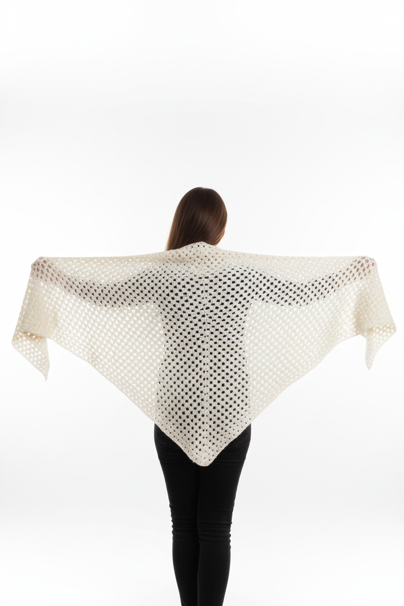 Châle au crochet fait main – Blanc crème légèrement pailleté